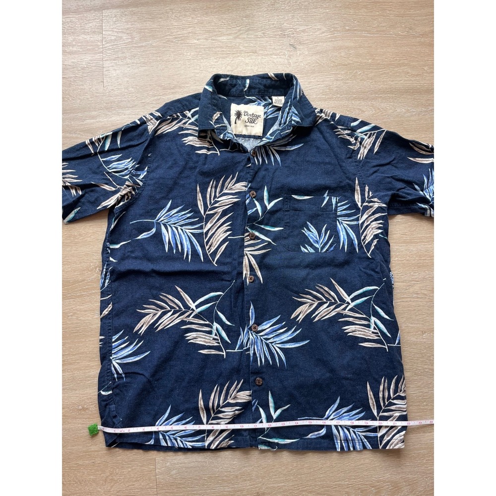 Vintage Silk Shirt Mens L Navy Blue Tropical Print Linen Short Sleeve Button Up